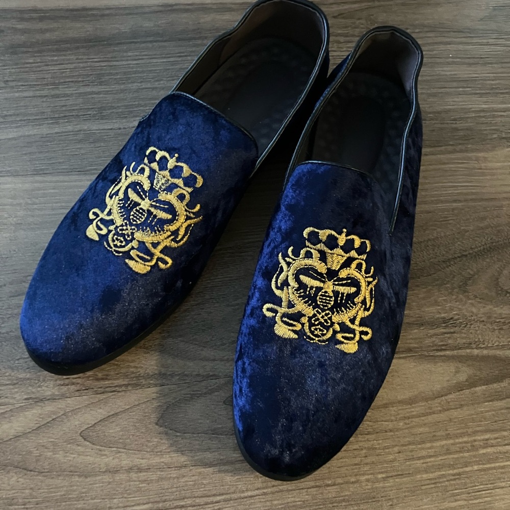 Blue and Gold Velvet Men’s Slip-On Loafers
